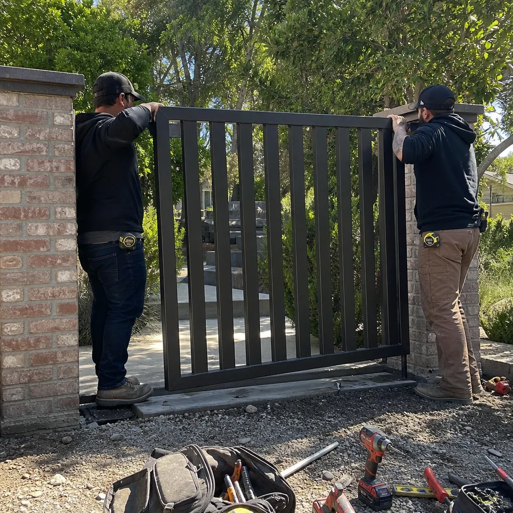 Two technicians professionally installing a modern black metal gate between brick pillars.