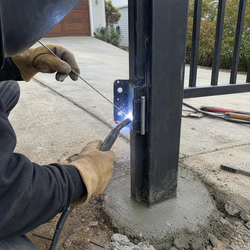 Professional welder installing a metal gate hinge on a fence post