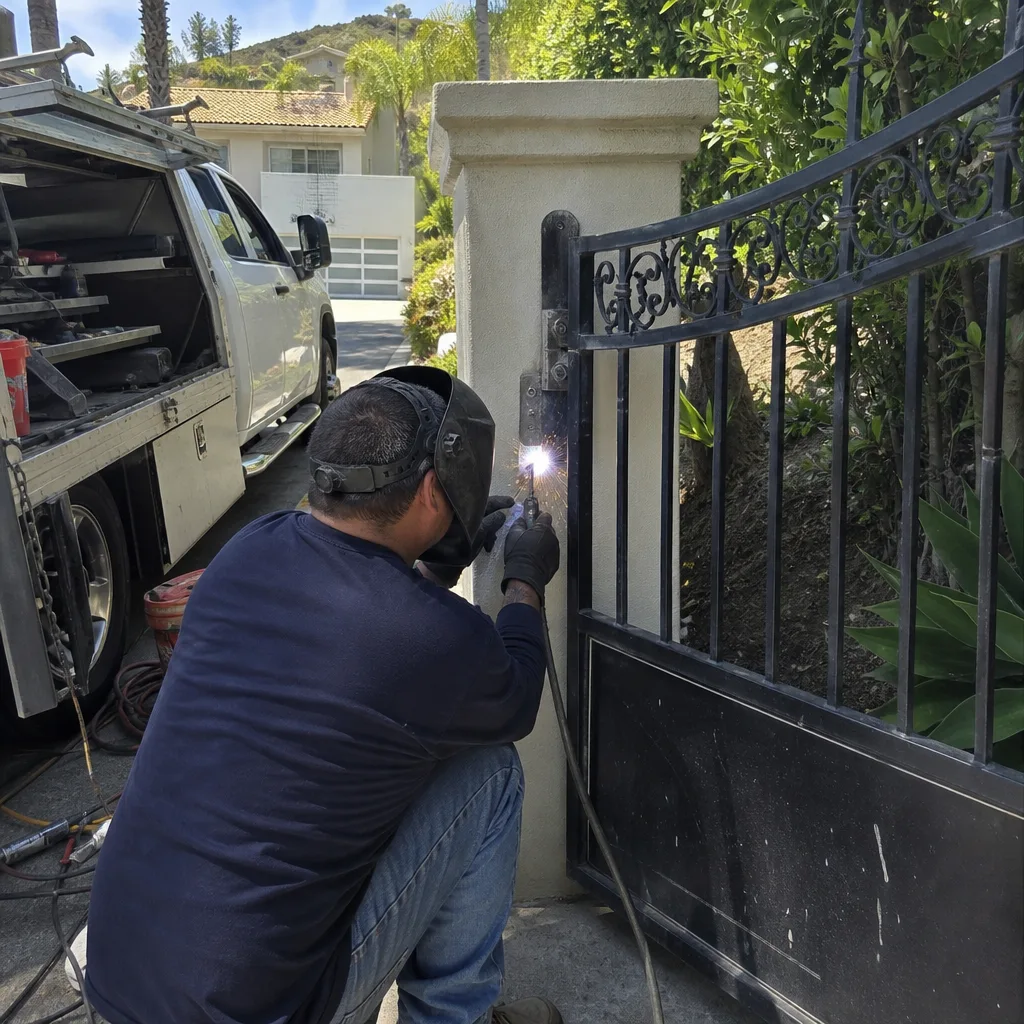 Welder repairing a metal gate hinge on a residential property